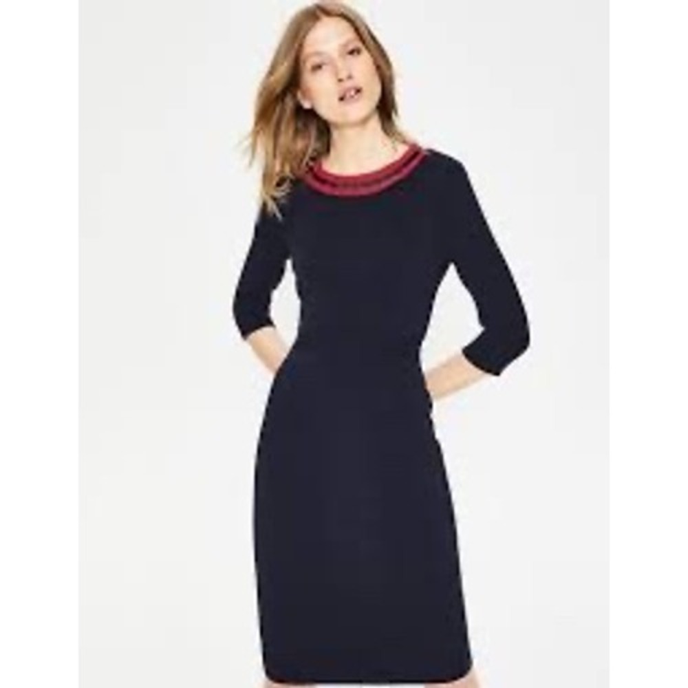 Boden Navy Blue Red Grosgrain Trim Ottoman Sheath Dress 2P 3/4 Sleeve Dress